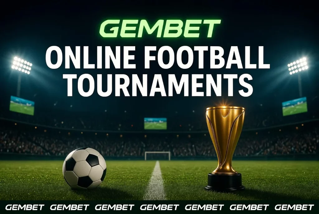 An image of a soccer ball and trophy on a field